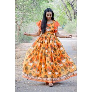 Indian Festival  Orange Maxi With Ruffle Sleeves Custom Handmade Dress